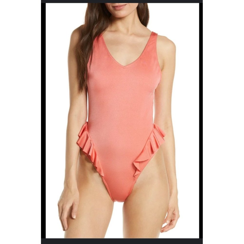 NEW Something Navy Frill Ruffle One Piece Swimsuit Coral Sz S